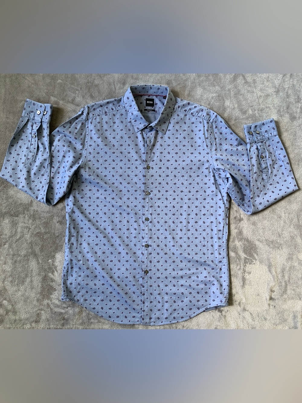 Boss Light Blue Button-Down Shirt with Maroon Pattern